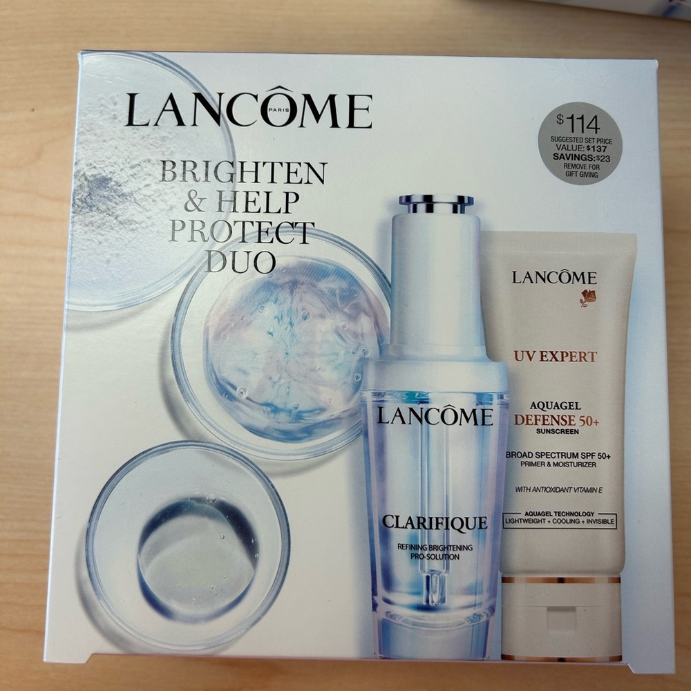 Lancome brighten & help protect duo CLARIFIQUE 1 oz+ UV expert 1oz exp2027